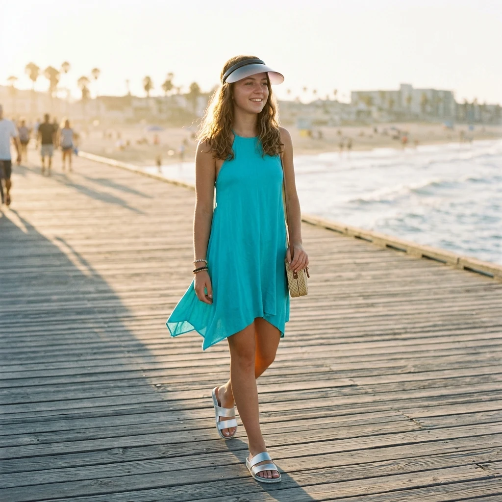 Person walking along a sunny wooden boardwalk