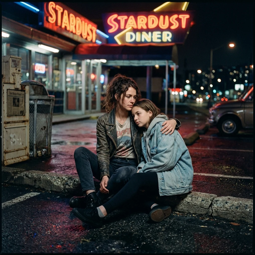 A women in her twenties comforting her teenage sister on a curb outside a diner at…