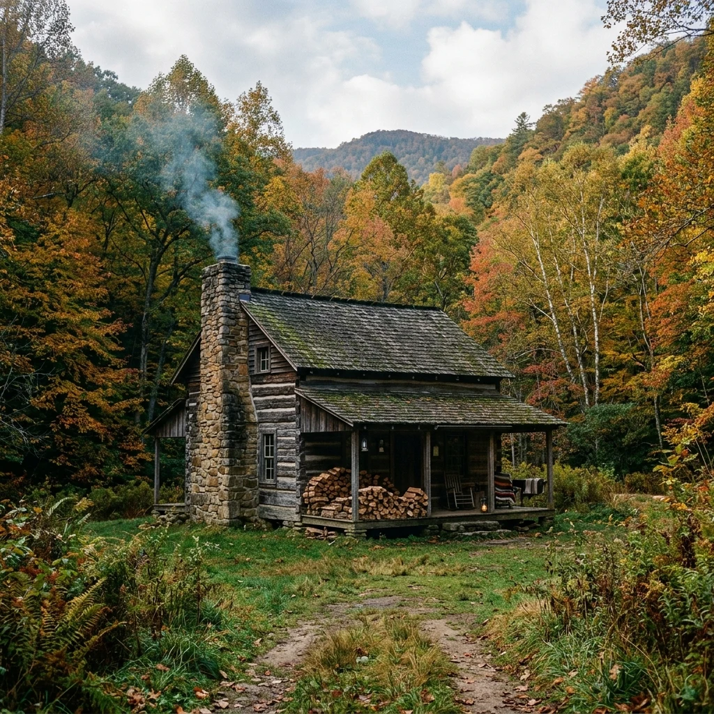 An old hand-hewn log cabin tucked into an Appalachian cove