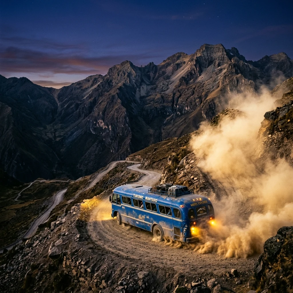 A winding two-lane dirt road climbing a high-altitude pass in the Mantaro Range