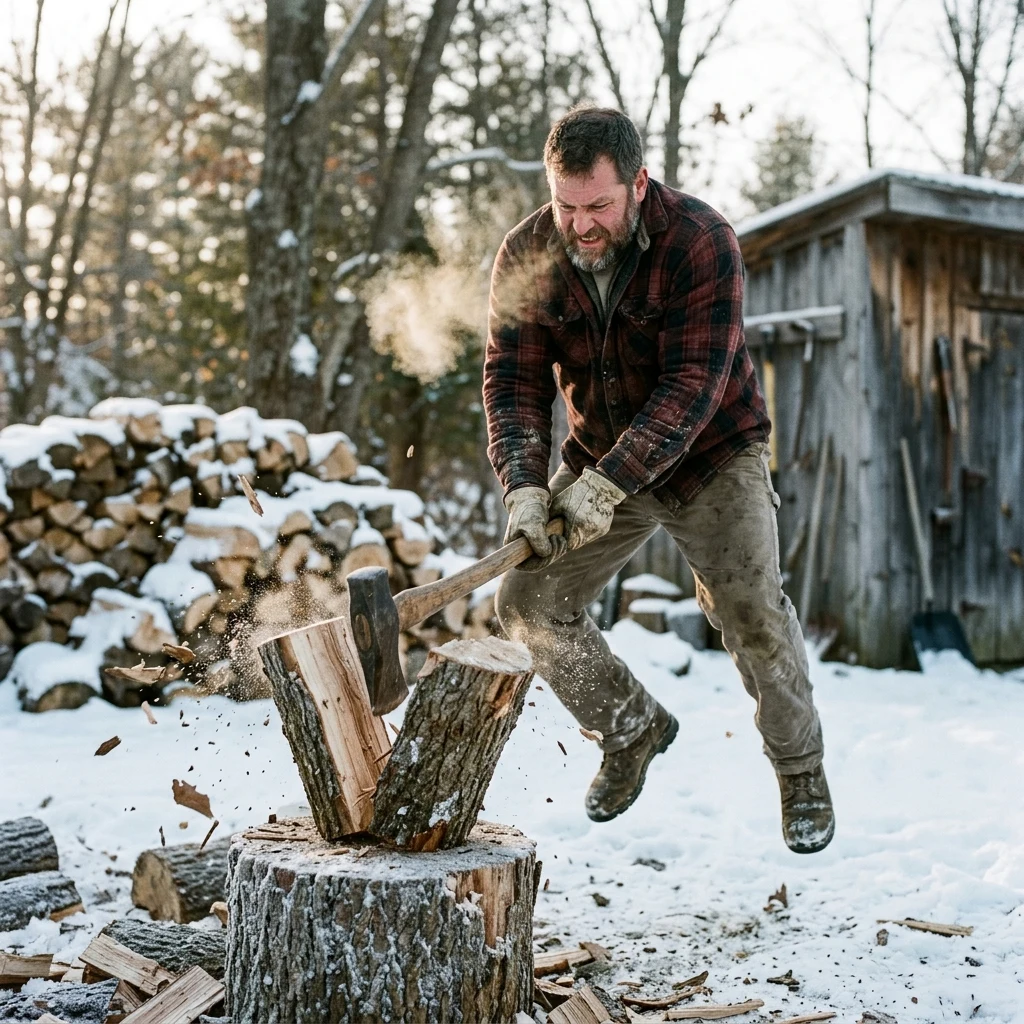 A man splitting firewood in a yard