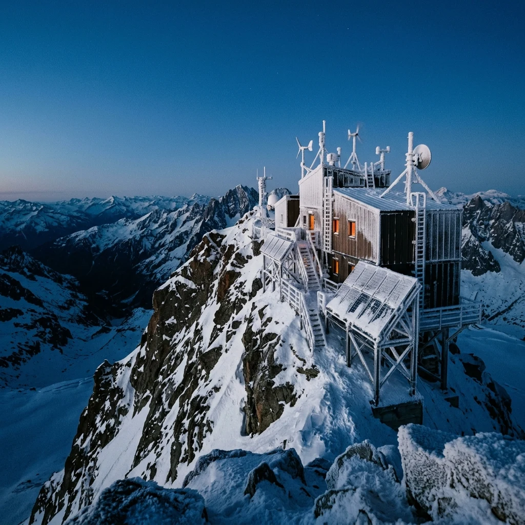A high-altitude meteorological research station perched on a sharp ridge at blue hour
