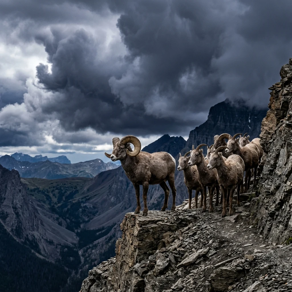 A herd of bighorn sheep standing on a rocky ledge along the Continental Divide in the…