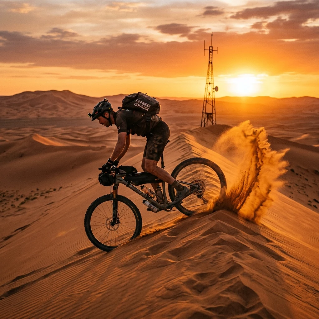 Cyclist riding across a golden sand dune