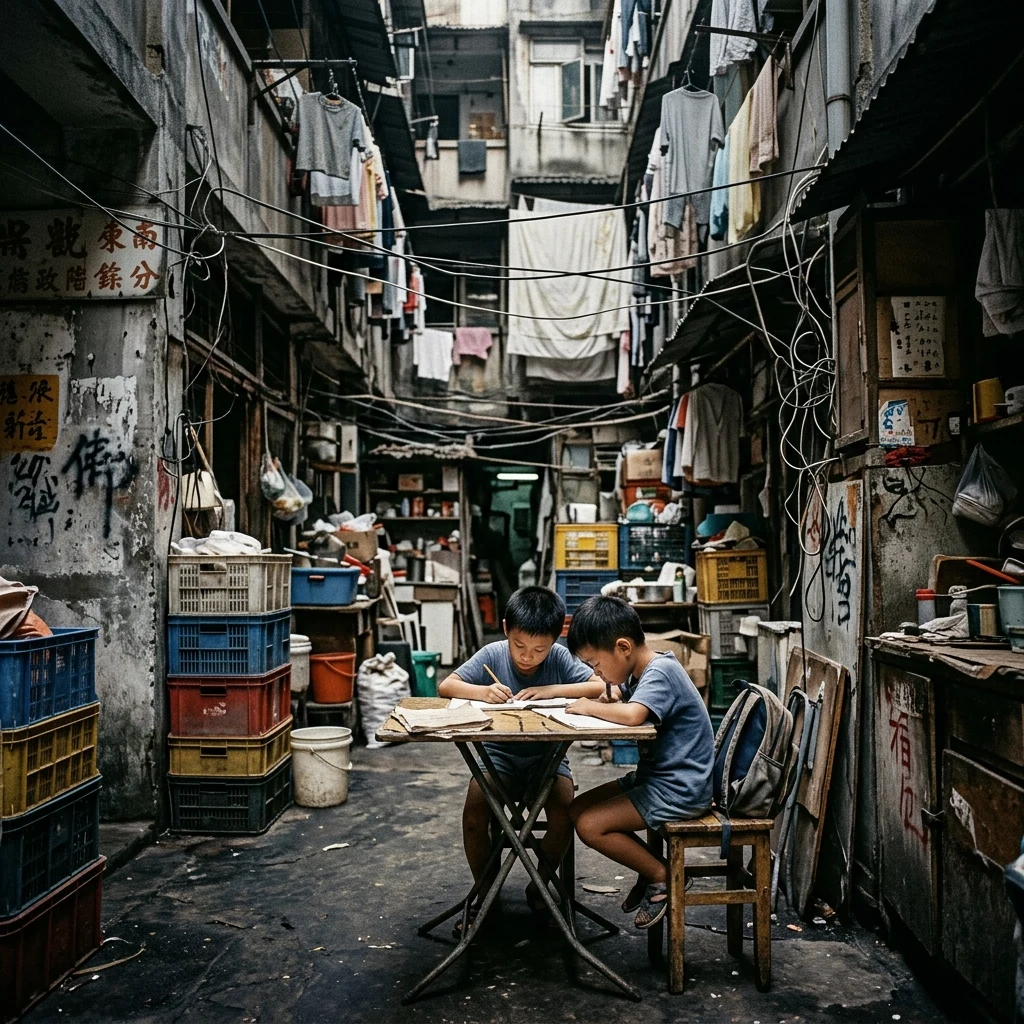 A young child sitting on a stool in a cramped Kowloon Walled City courtyard at noon