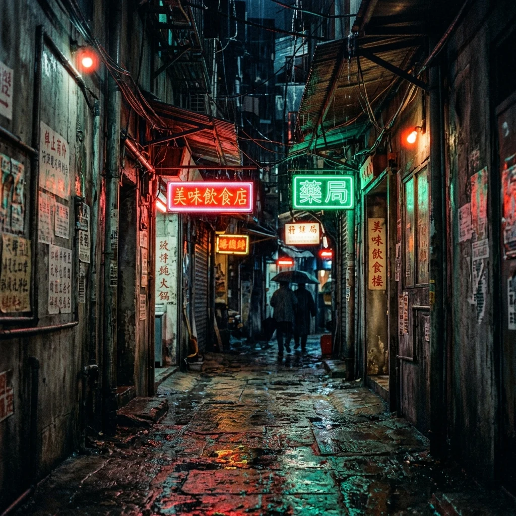 A rain-slicked alleyway inside Kowloon Walled City at night