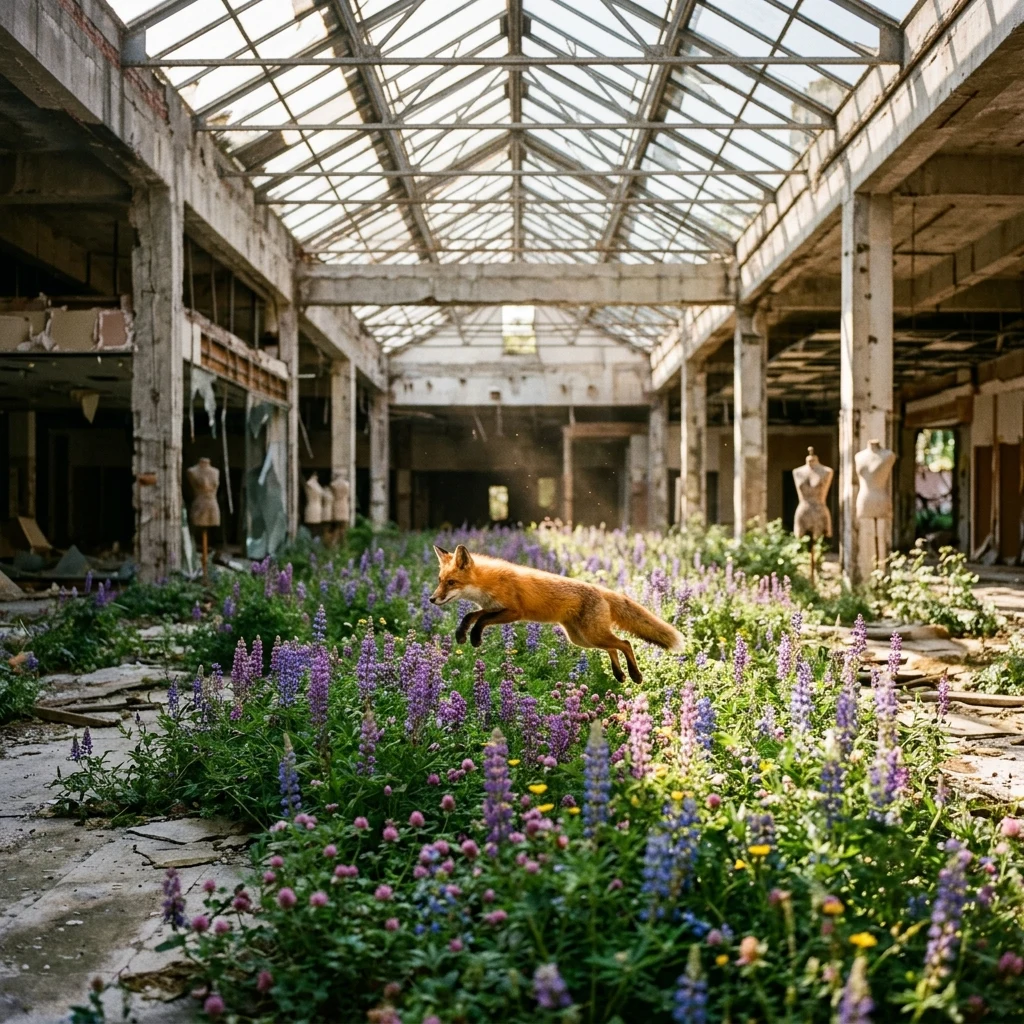 Fox leaping through an abandoned indoor garden