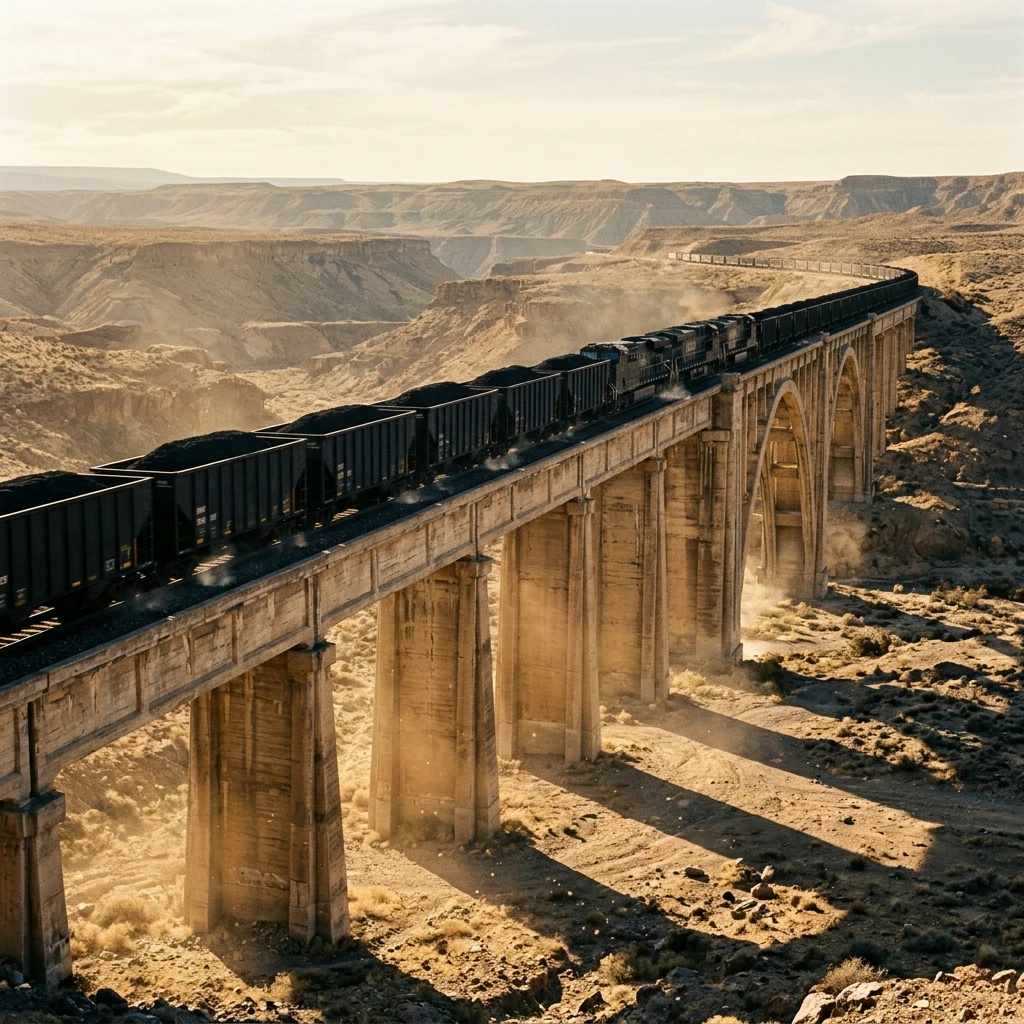 A freight train hauling coal across an infinite elevated concrete viaduct spanning a…