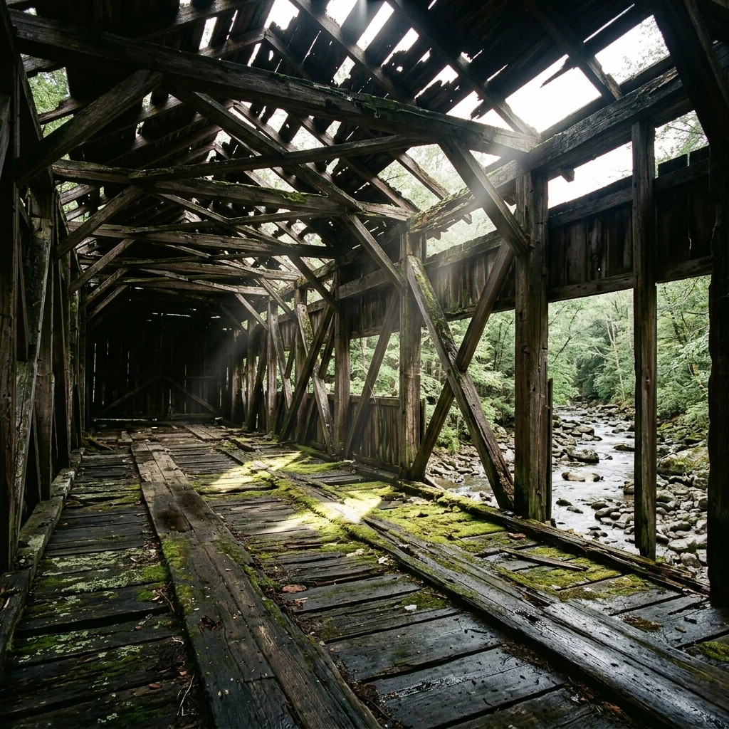 An abandoned wooden covered bridge with a caved-in roof