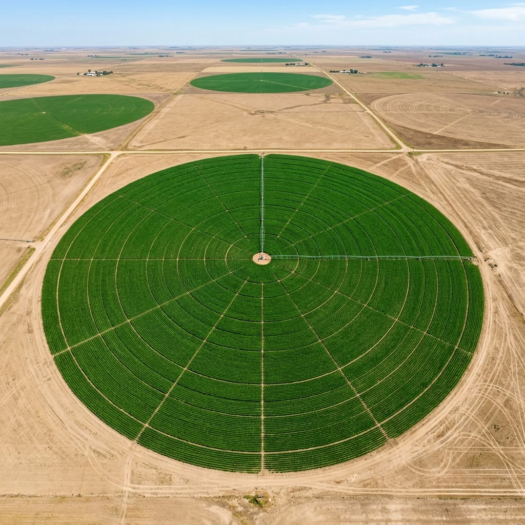 A drone photograph straight down over an irrigated circular crop field in Nebraska