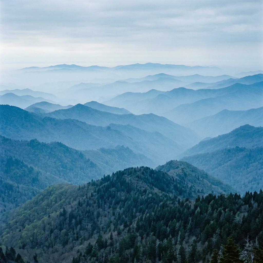 Layer upon layer of blue-tinted mountain ridges shrouded in dense morning mist in the…
