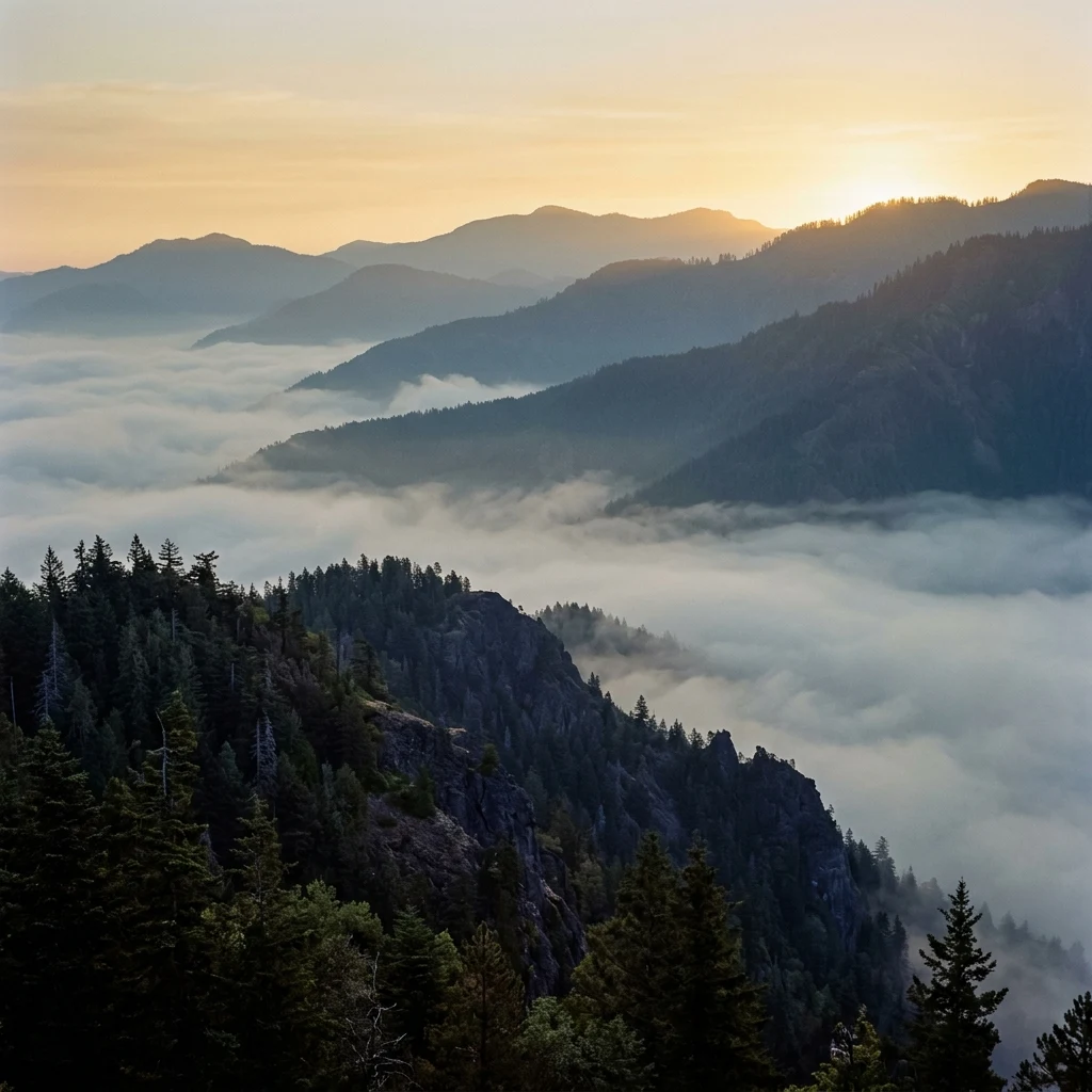 Morning mist over rolling mountain ridges