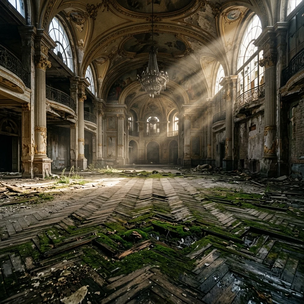 Sunlight streaming into a ruined palace ballroom