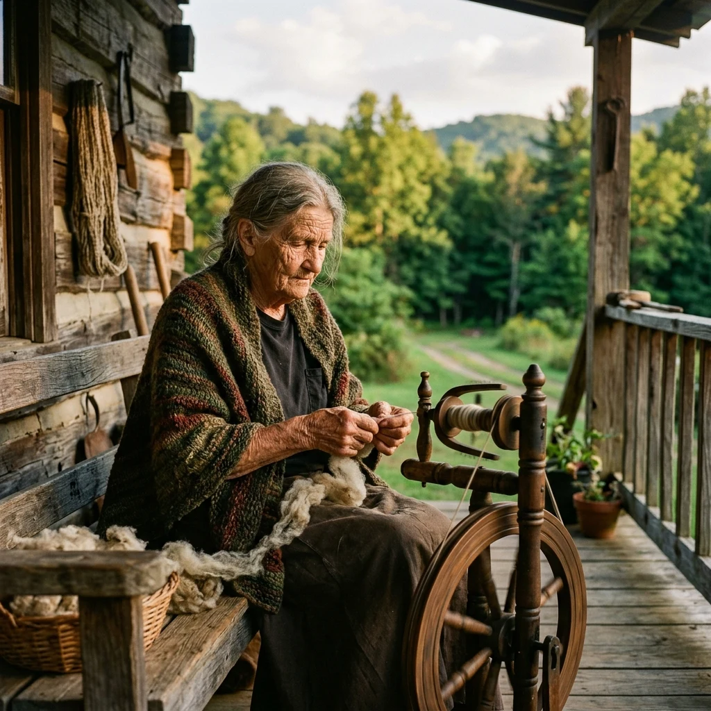 Spinning wool on a sunny porch