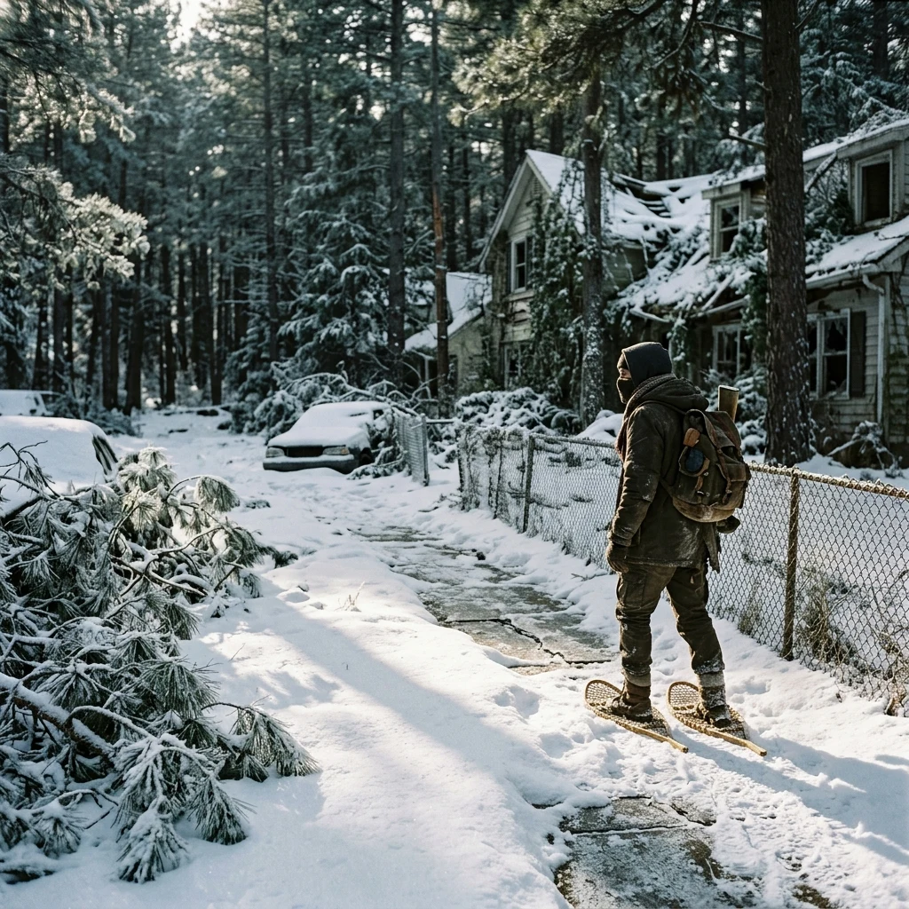 A survivor wearing improvised snowshoes fashioned from willow branches and leather straps