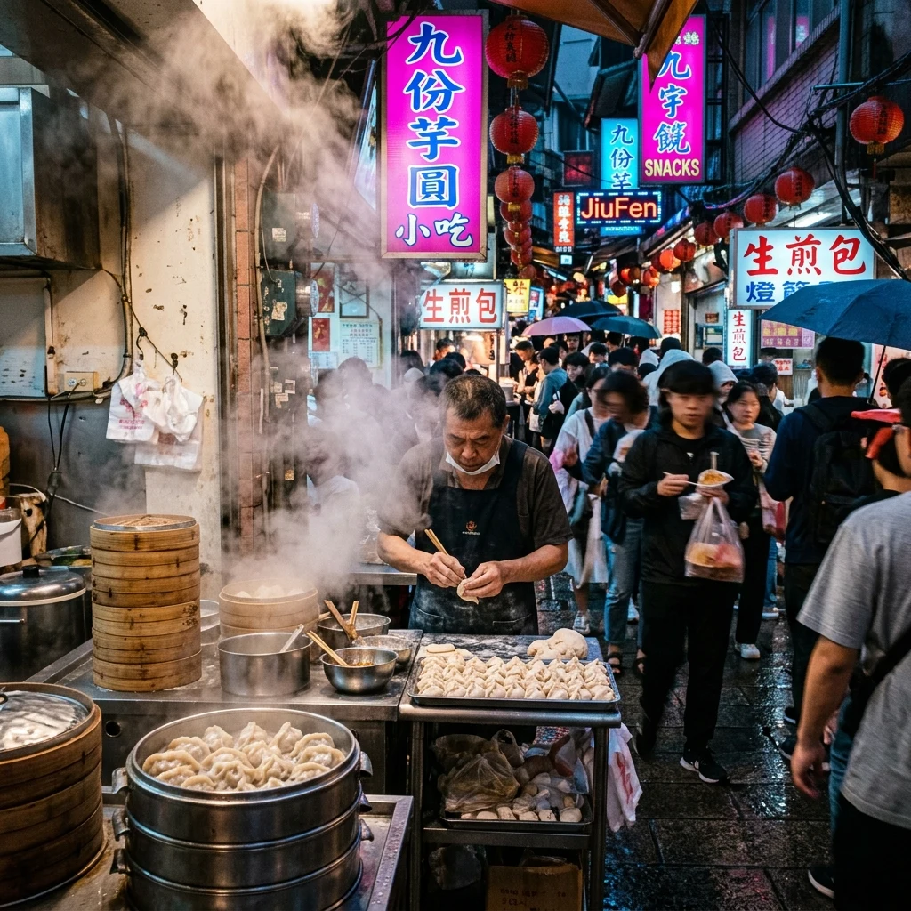 Busy night market in a narrow alley