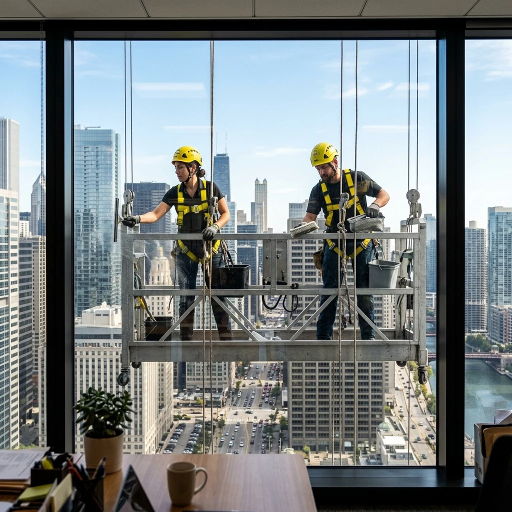 Window washers working on a skyscraper