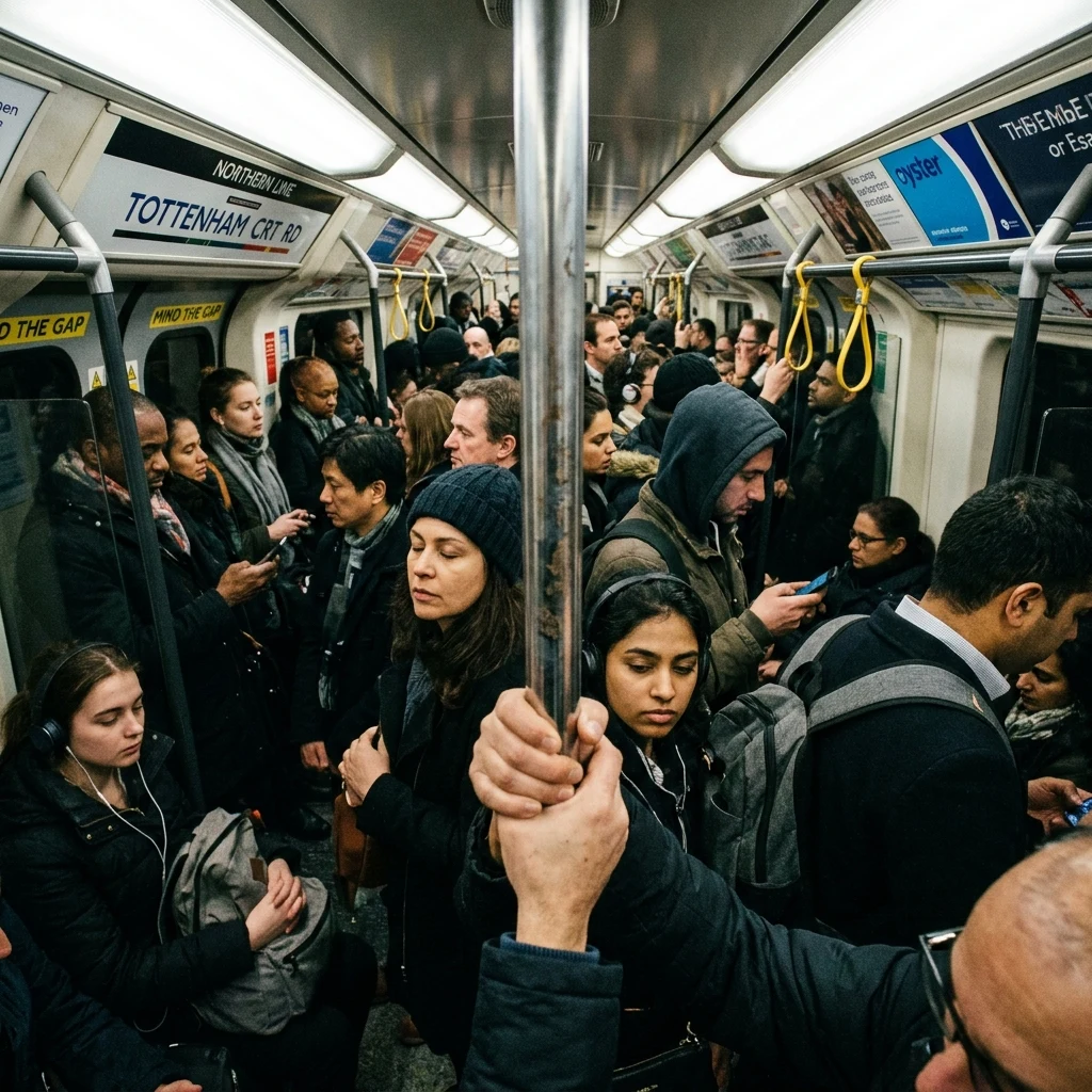 Commuters on a crowded subway train