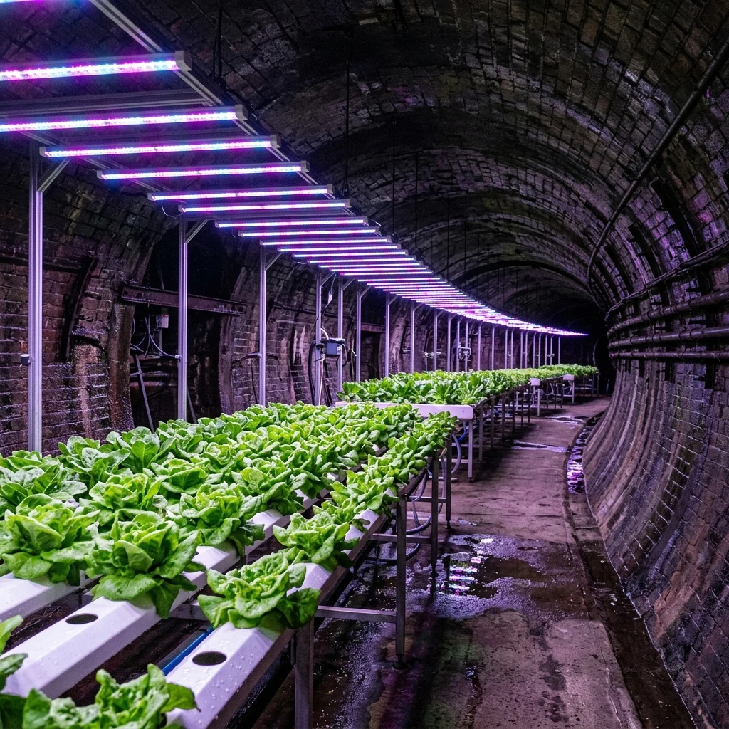 An underground hydroponic farm installed inside an abandoned train tunnel