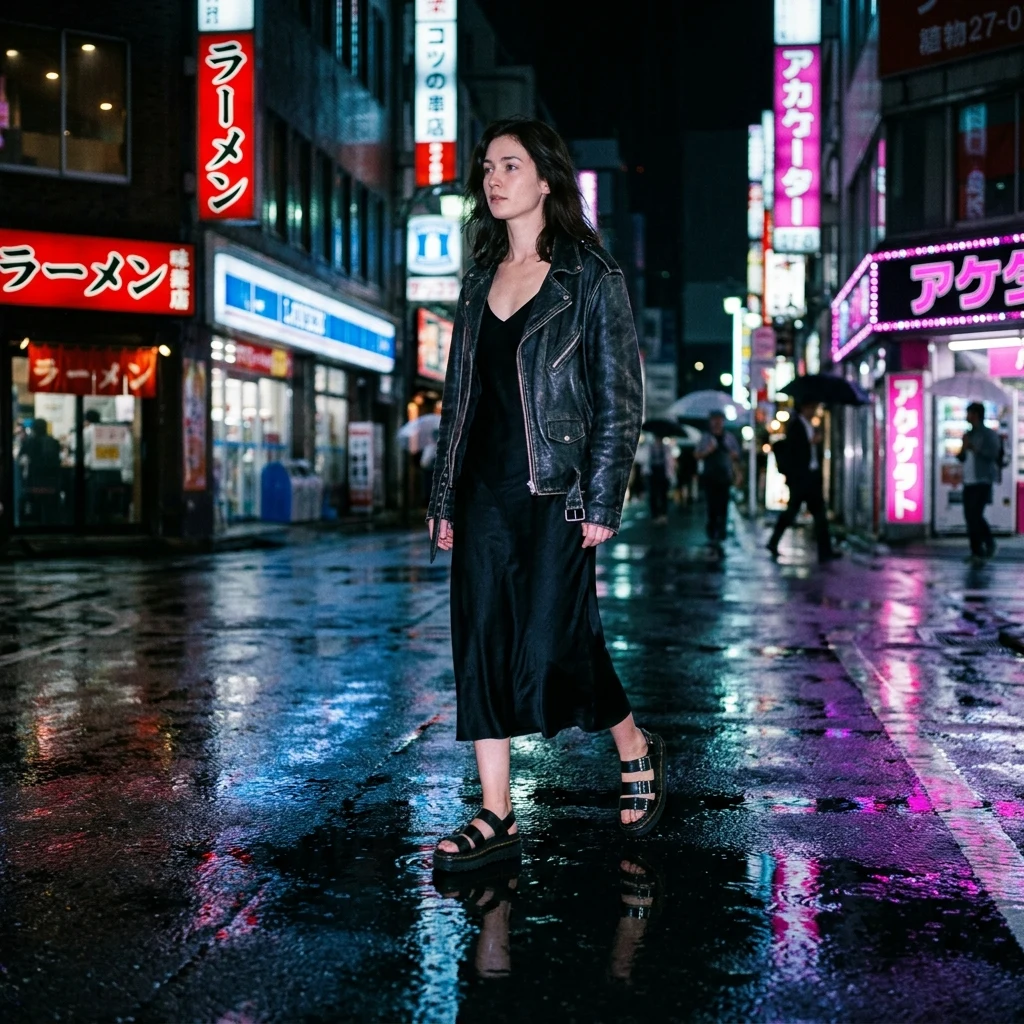 Night walk on a rain slicked city street