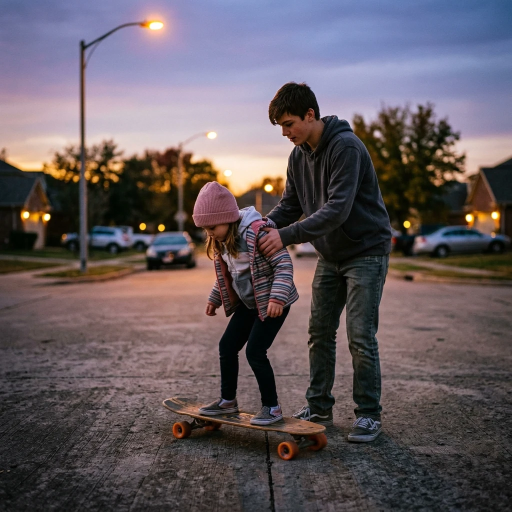 A teenage boy teaching his younger sister how to ride a skateboard on a quiet suburban…