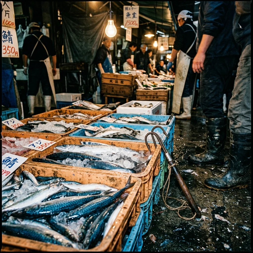 A pre-dawn fish market on wet concrete