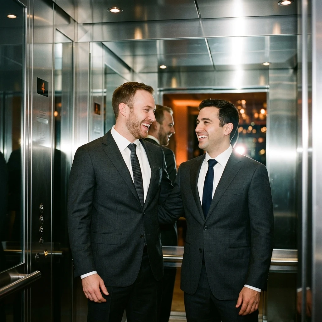 Two adult brothers in tailored suits sharing a quiet laugh in an elevator mirror