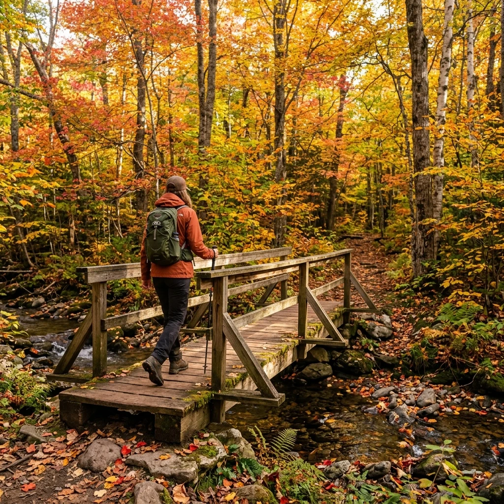 A hiker stepping onto a wooden footbridge along the Appalachian Trail in deep autumn