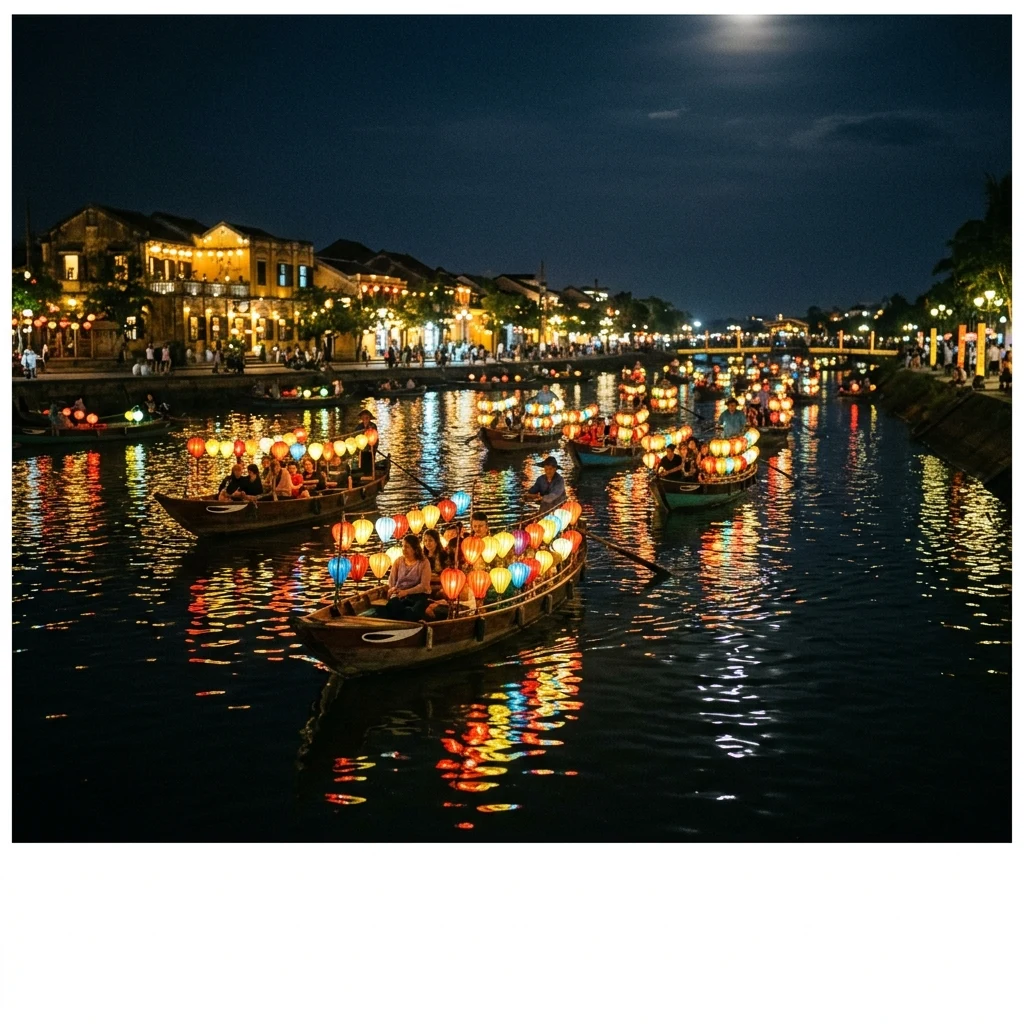 Glowing lanterns on boats at a river festival