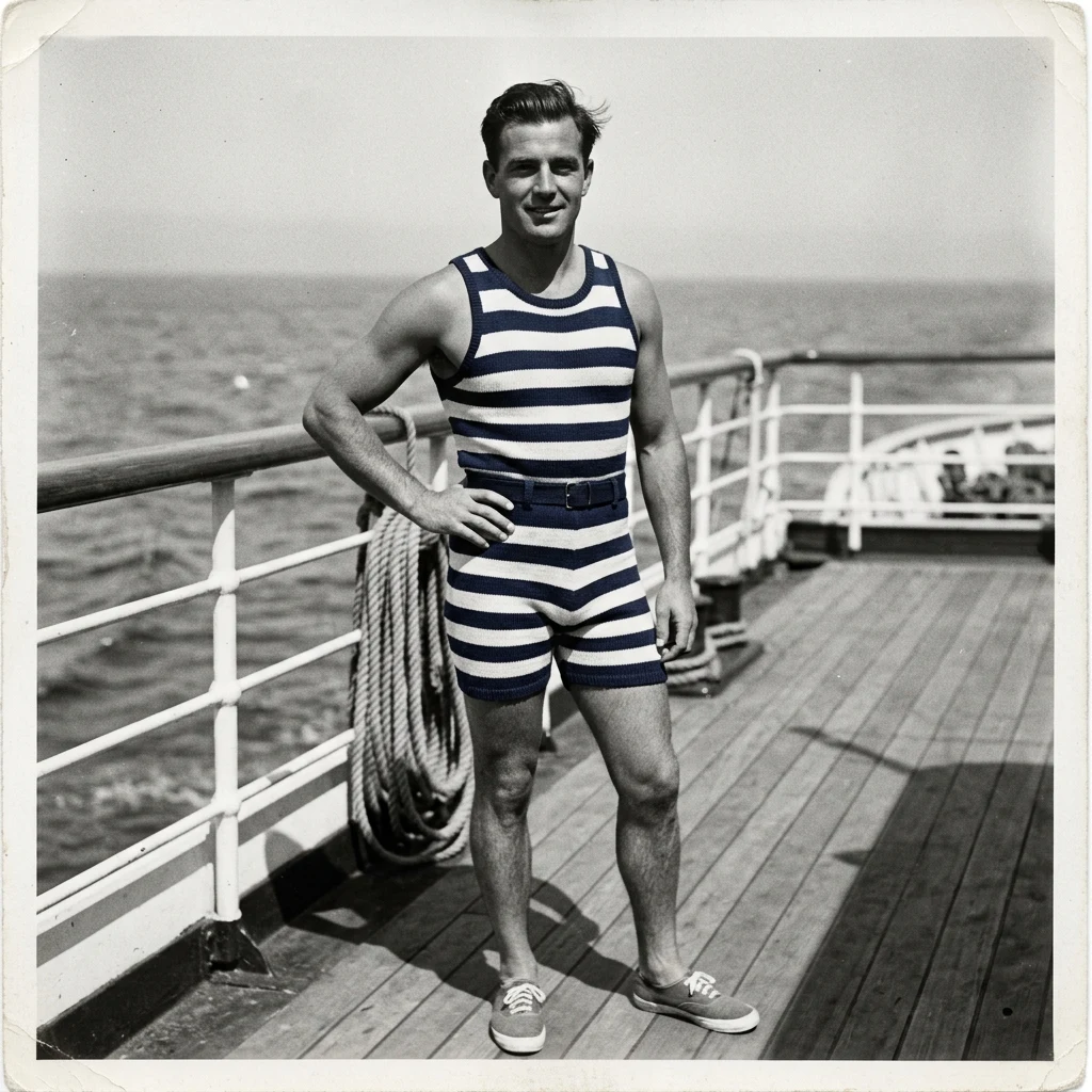 A 1930s gentleman in a two-piece striped knitted swim suit with a tank top connected to…