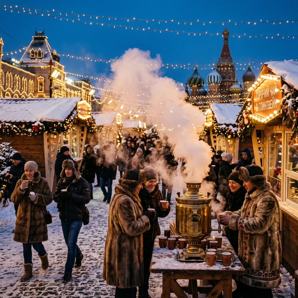 A winter street market in Moscow at blue hour