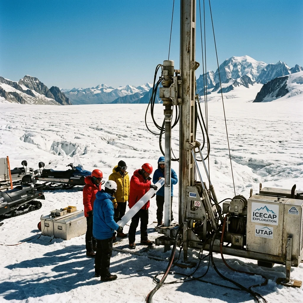 A scientific team pulling an ice core sample from a high-altitude ice cap