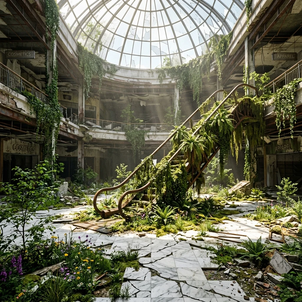 A collapsed department store atrium where young saplings and wildflowers burst through…