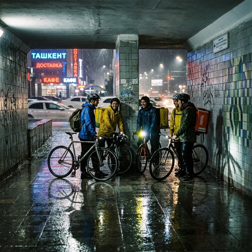 Young bike couriers gathered inside a pedestrian tunnel in Tashkent during a sudden…