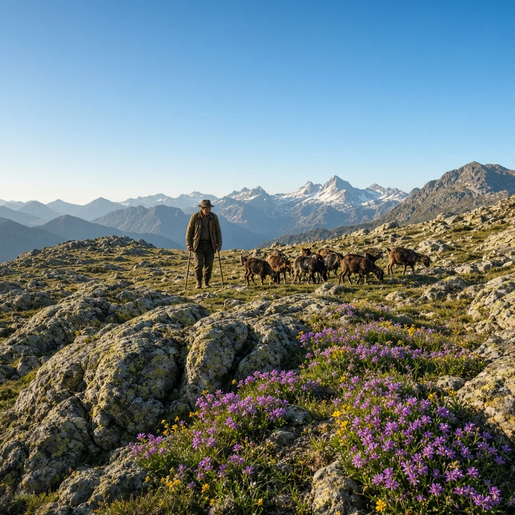 A lone alpine shepherd driving a small herd of goats across a high-altitude stone meadow