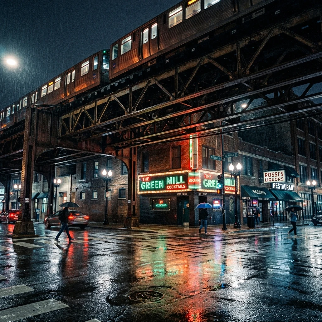 A rain-slicked street corner in Chicago under the El tracks