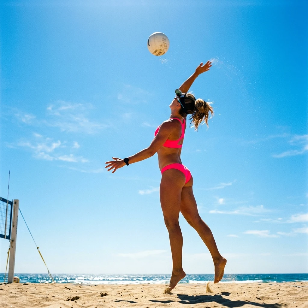 A female beach volleyball player in a neon-pink minimal coverage two-piece athletic…