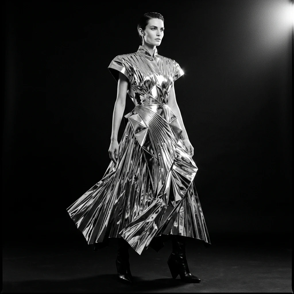 An avant-garde architectural dress made of pleated liquid-mirror polymer