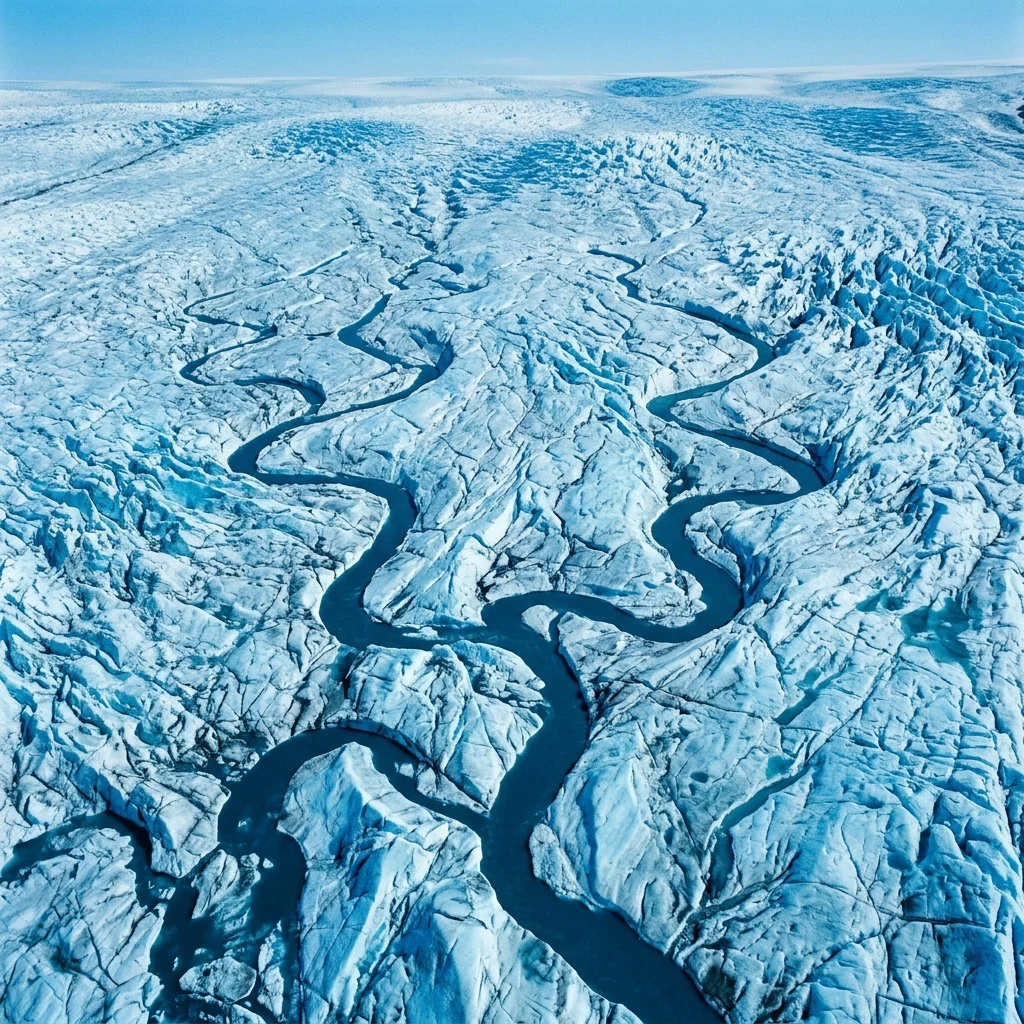 Meltwater channels cut into blue glacier ice