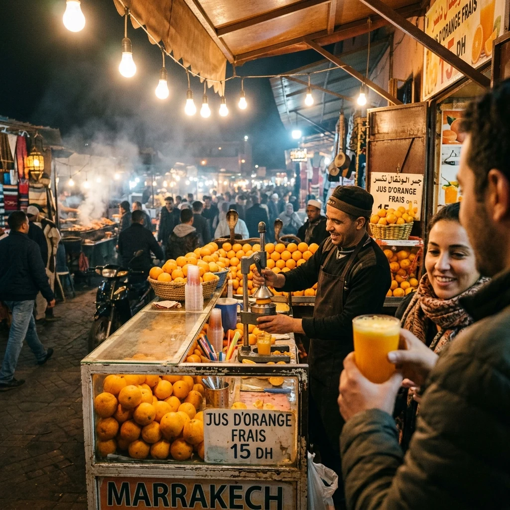 A crowded evening market in Marrakech's Jemaa el-Fnaa