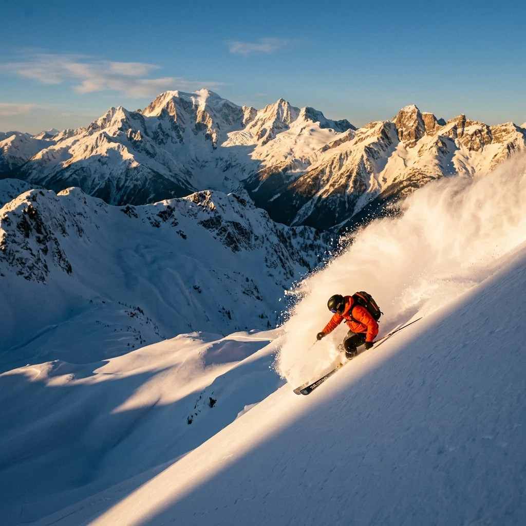 A heli-skier dropping into an untouched powder bowl in the Coast Mountains