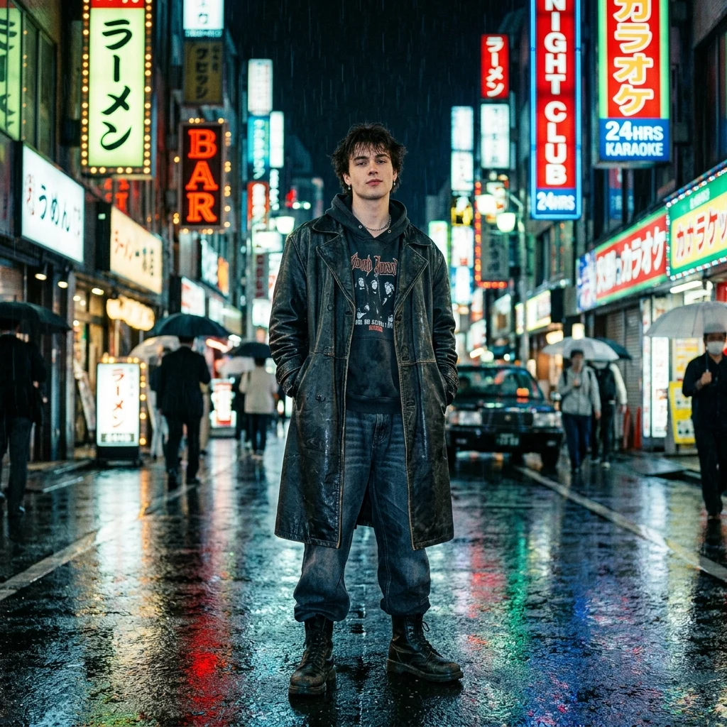 Streetwear style on a rainy neon street