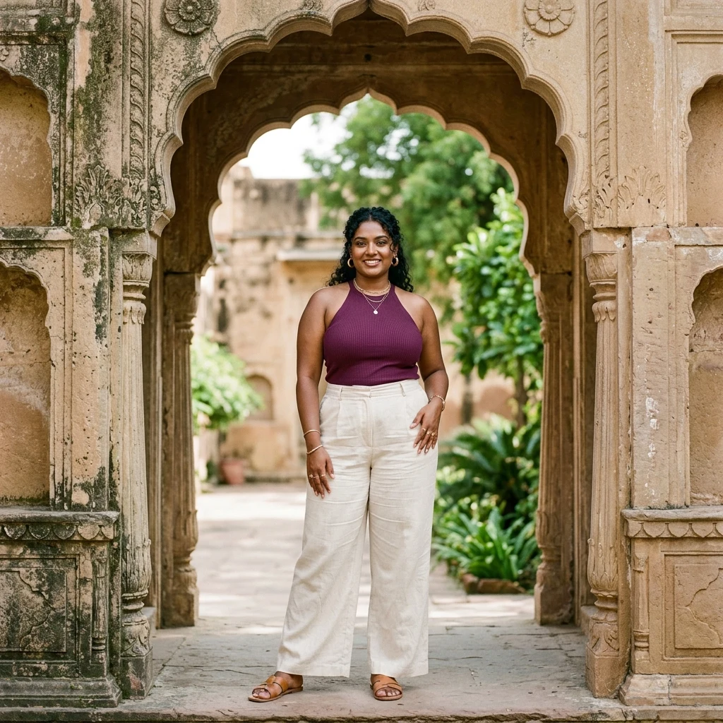 Person standing under a stone archway