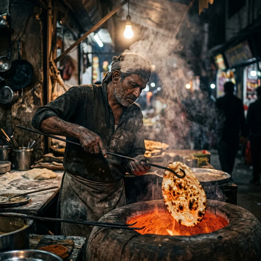 Chef baking fresh bread in a clay oven
