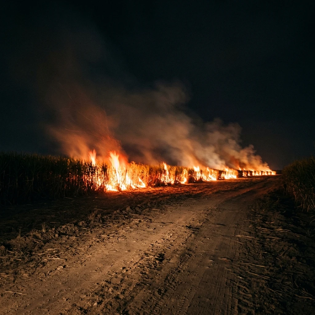 A sugarcane burn at night