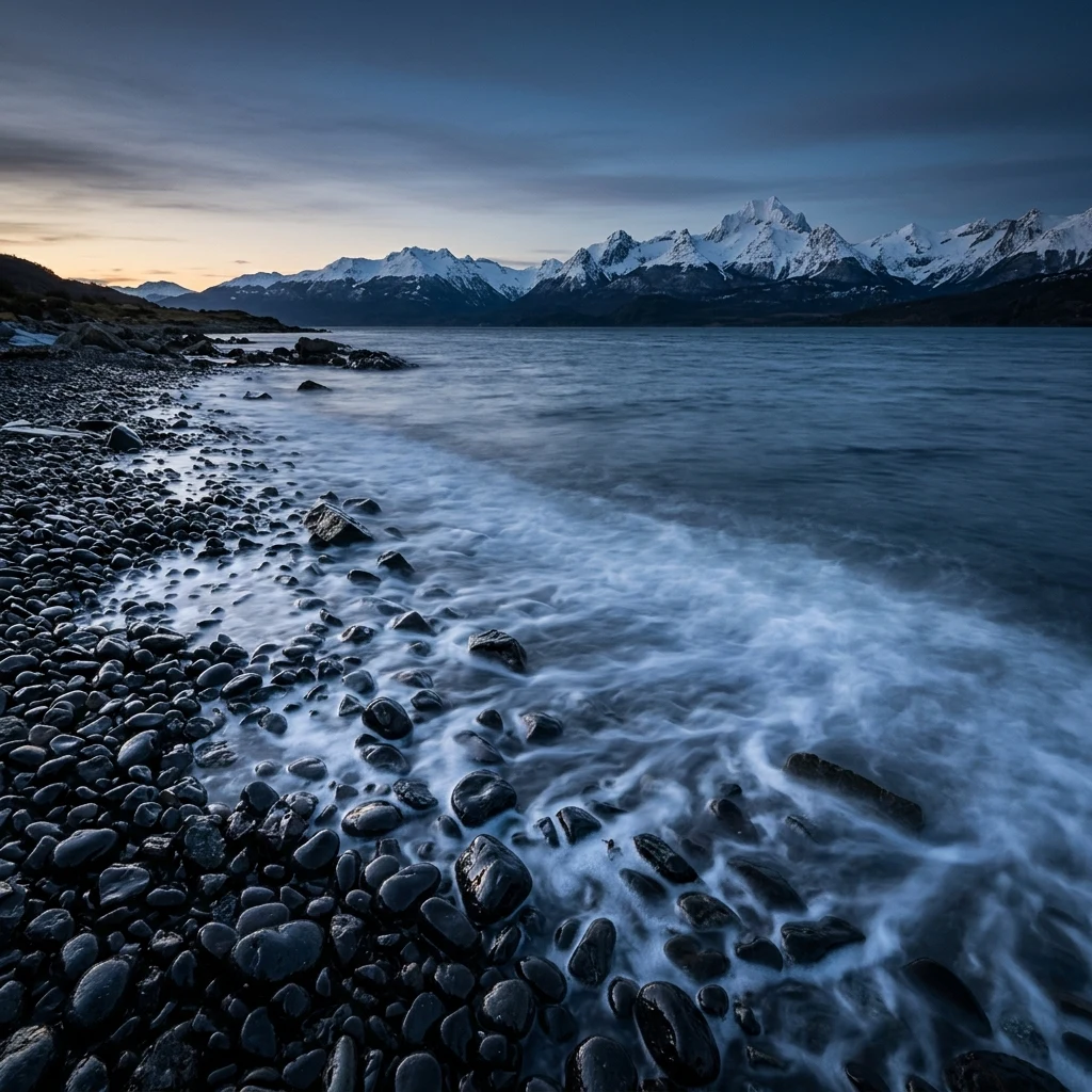 A long exposure of the tide pulling across smooth black pebbles on the coast of Ushuaia