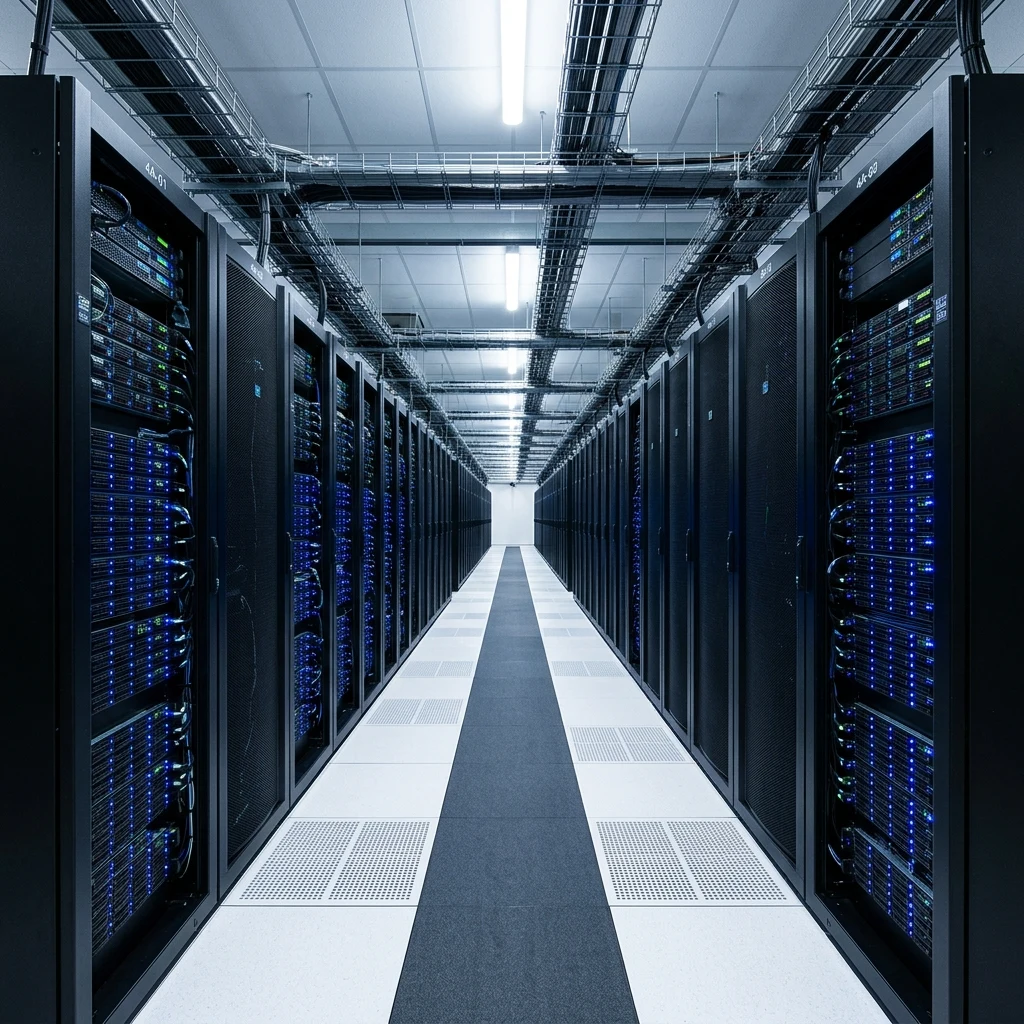 Rows of glowing server racks in data center
