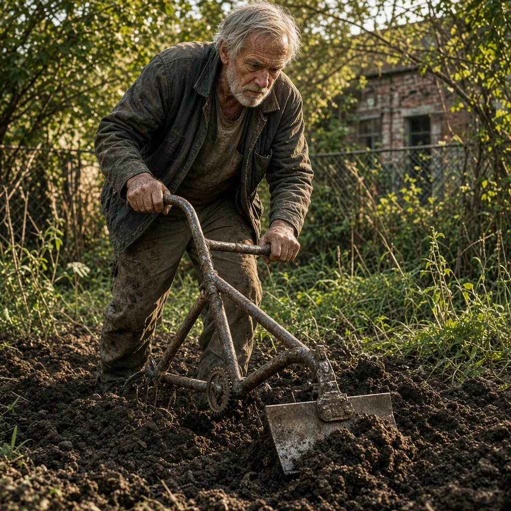 A farmer using a hand-plow constructed from an inverted lawnmower blade welded to an old…