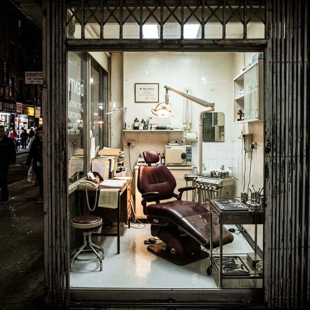 A small dentist's clinic operating inside a brightly lit ground-floor shopfront