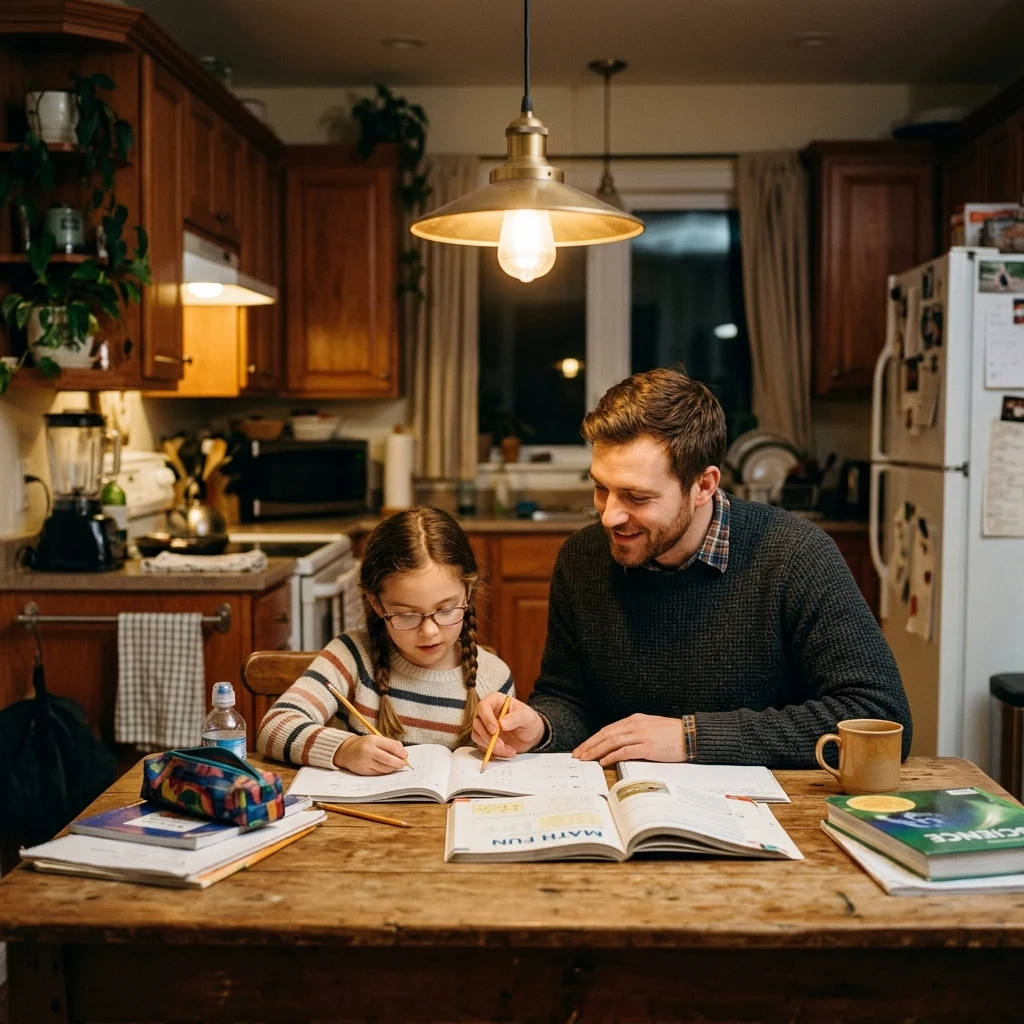 Quiet evening homework at the kitchen table